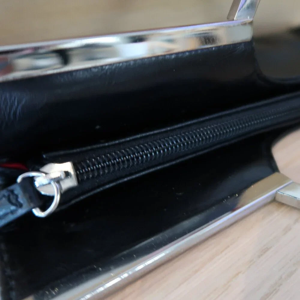 Candie's Black Boho Clutch Wallet Purse Silver Hardware Red Liner Vintage